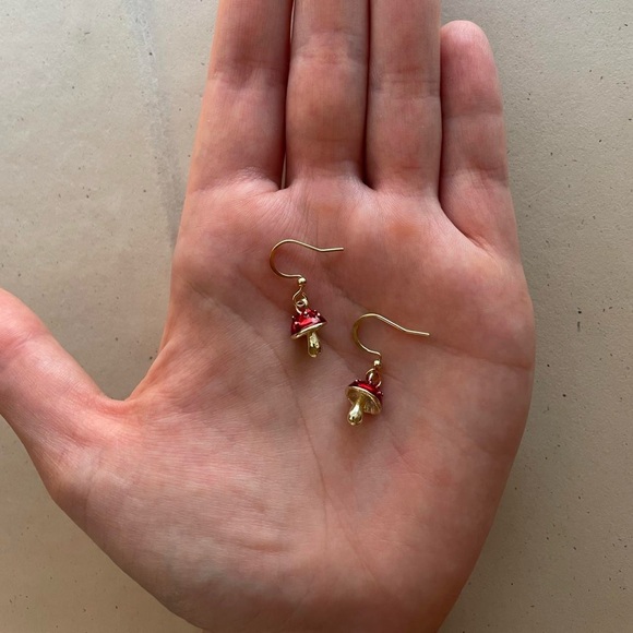 Gold Mushroom Charm Dangle Earrings - Picture 6 of 6